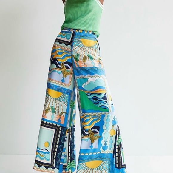 Anthropologie Pants - Anthropologie Blue Green Yellow Patchwork Wide-Leg Pants